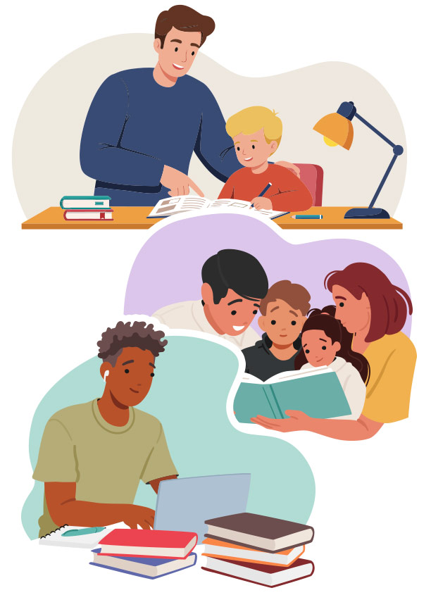 Parents and homeschoolers working together on homework