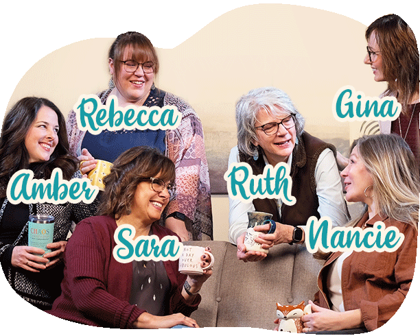 Rainbow Resource Consultants Amber, Sara, Ruth, Rebecca, Nancie and Gina sitting together on a couch