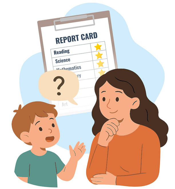 A mom and her son talking with a graphic of a report card in the background